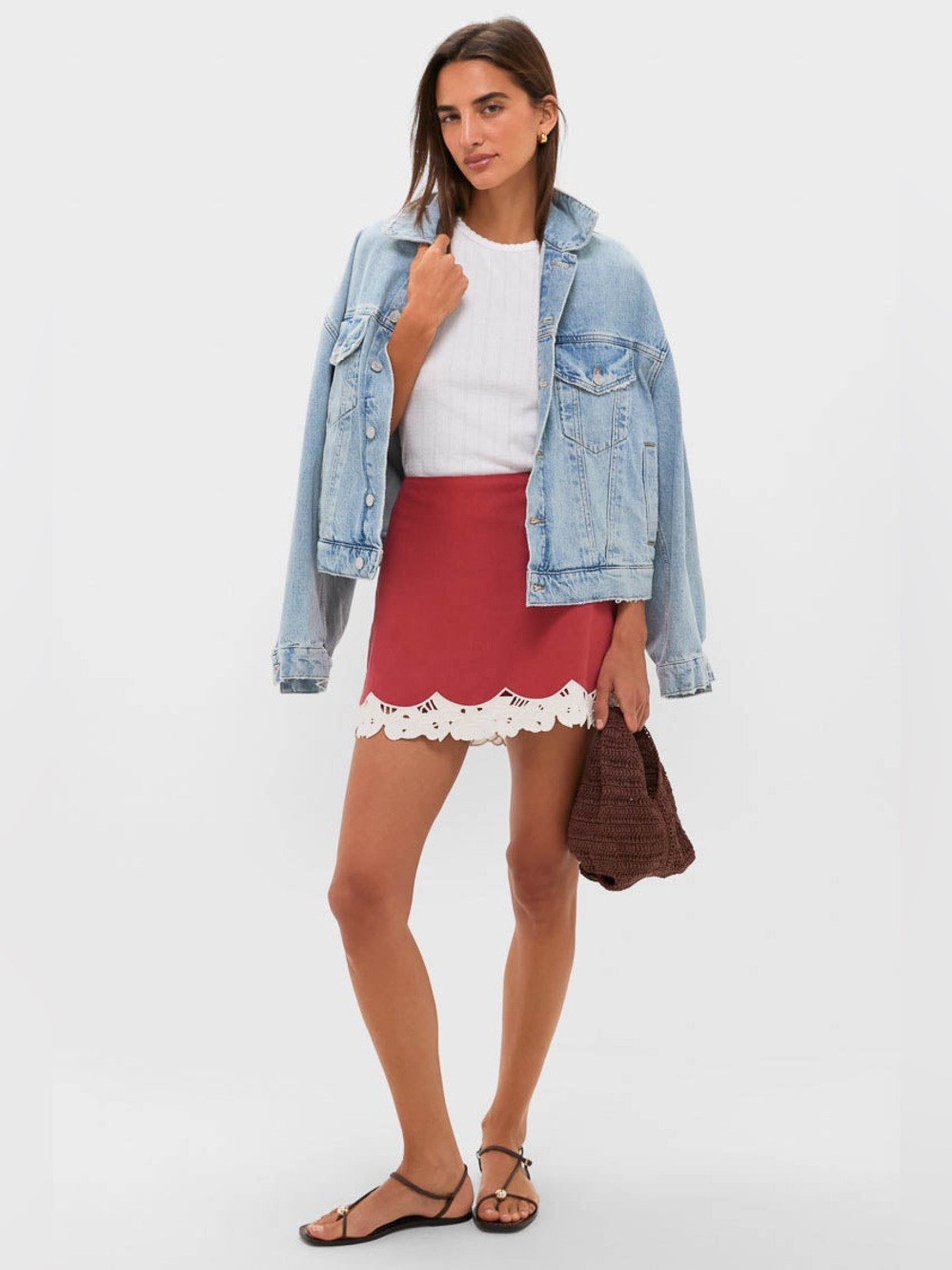 Tuckernuck Red Eyelet Trim Cotton Linen Meg A-Line Mini Skirt Size Medium